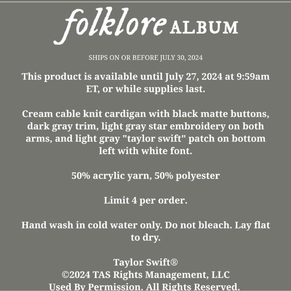 Taylor Swift 2024 Folklore Album Cardigan XL/2XL - Picture 12 of 13